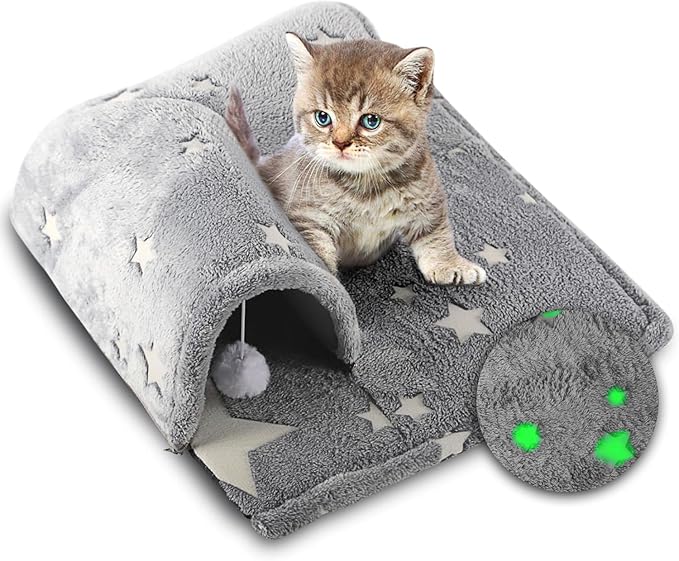 Kitten Tunnel Bed Mat, Glow in The Dark Kitten Bed for Indoor Kittens, Perfect Kitten Gift Toy with 3D Memory Foam, Detachable & Machine Washable, Non-Slip Bottom, Gray S