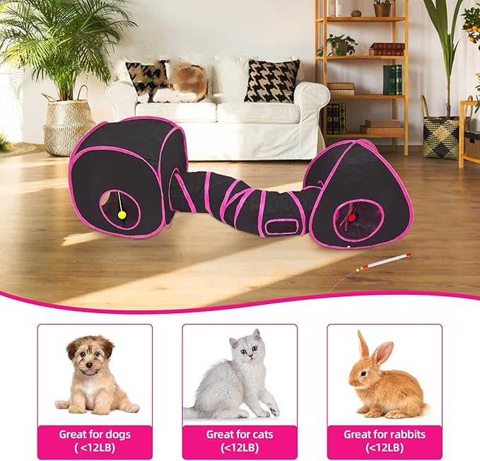 Cat Tunnels for Indoor Cats, Cat Tent, Cat Cube and Feather Cat Toy Collapsible Combo, with Interactive Cat Toy Ball, Cat Toy Set for Indoor Cat, Ferret, Guinea Pig, Rabbit, Bunny, Pink