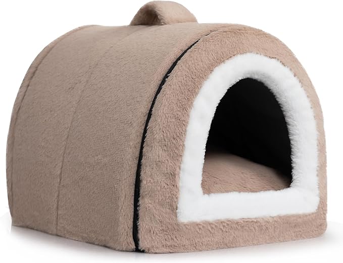 Hollypet Fluffy Cat Bed, 2 in 1 Foldable Cave House Animal Shaped Nest Pet Sleeping Bed, Light Brown