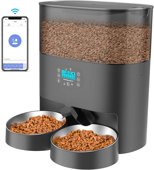 HoneyGuaridan 6L Automatic Cat Feeder for 2 Cats, 2.4G WiFi Enabled Smart Feed Automatic Pet Feeder for Cats & Dogs, Timed Pet Food Dispenser with Stainless Steel Bowl APP Control, 10s Voice Recorder