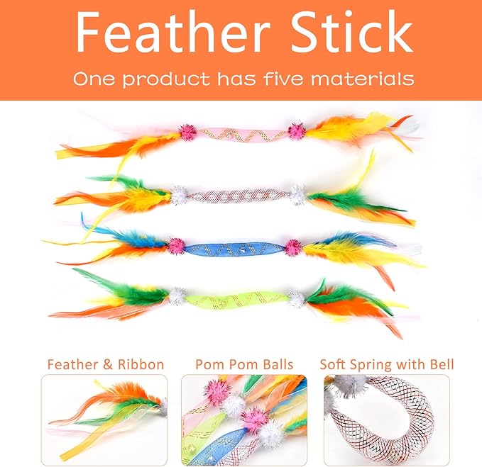 TUSATIY Cat Feather Toys with Bell 4Pack, Colorful Cat Teaser Cat Springs Ribbon Toys,Interactive Cat Toys for Indoor Cats Kitten, Suitable for Cats Bite & Hunt