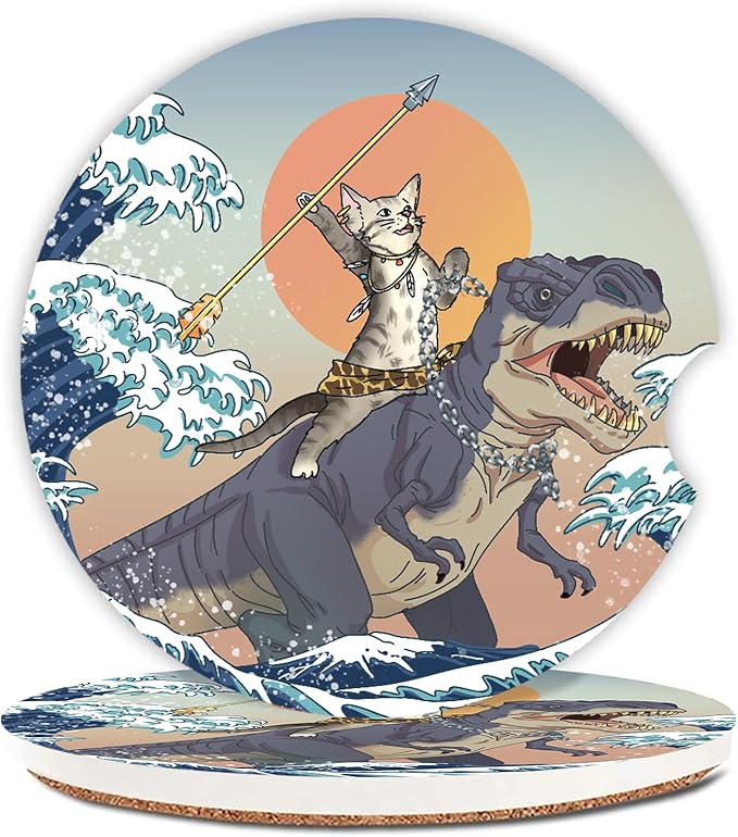 Car Coasters Pack of 2,Absorbent Ceramic Car Coasters Set for Women/Men,Drink Cup Holder Coasters,with A Finger Notch for Easy Removal(Cat and Dinosaur)