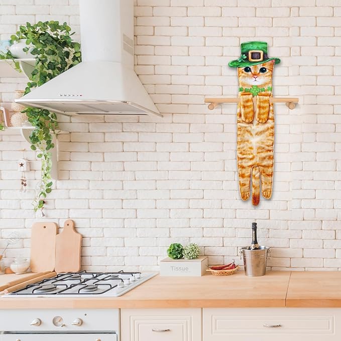 St Patrick Day Cat Hand Dish Towels- Shamrock Garland St Patricks Day Decorations Decor for Home Kitchen Bathroom-Unique Housewarming Mothers Birthday Gifts for Women Cat Lovers