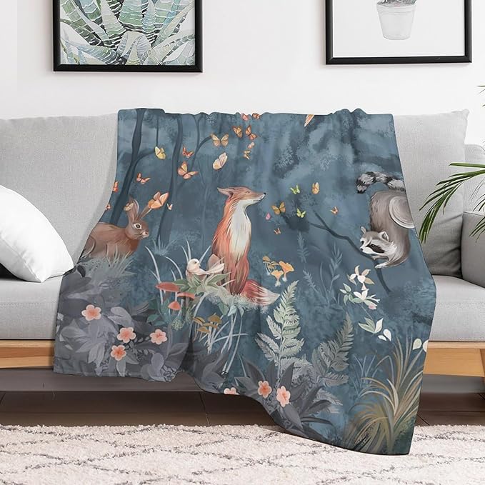 Fox Print Blanket Rabbit Red Panda Forest Animals Fresh Throw Blankets for Couch Sofa Bed Stuff Decor Soft Cozy Fleece Plush Warm Flannel Bedding Blanket Gifts for Baby Girls Boys Kids Adults 50"x60"