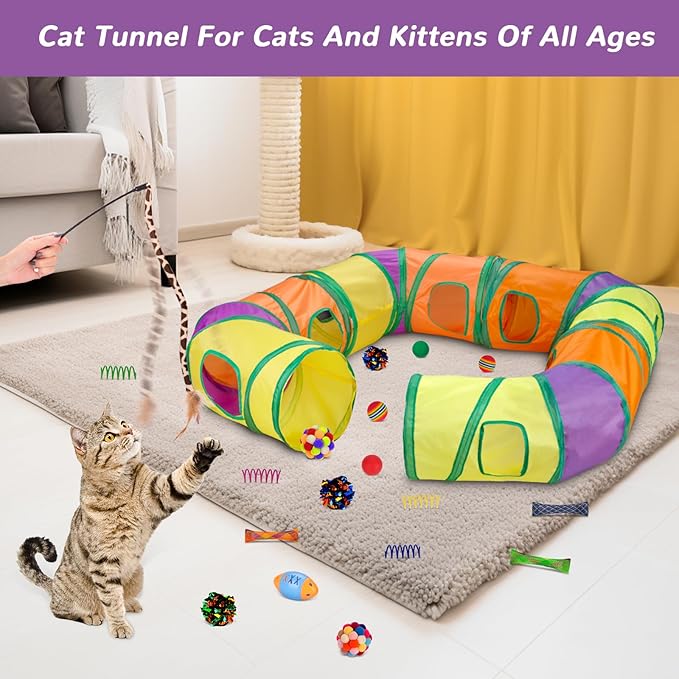 Cat Toys 25 Pcs,Kitten Toys for Indoor Cats,4 Collapsible Cat Tunnel Tubes Interactive Feather Teaser Wand Toy for Kitten Cats Springs Mouse Crinkle Toys Rainbow Football Cat Ball with Bell Toy