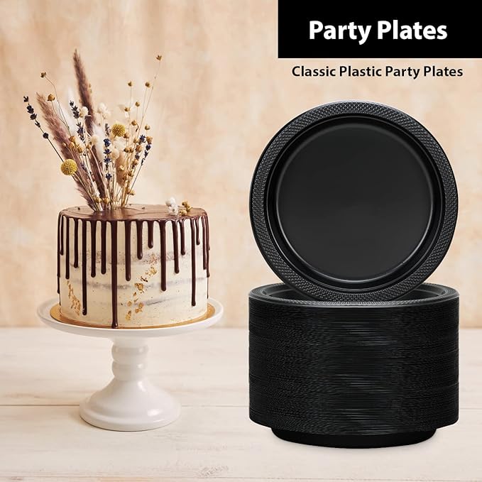 Black Plastic Plates 9 Inch - 50 count - Plastic Solid Round Party Plates For Weddings, BBQs, Birthday Plates - Disposable Black Plates - Plastic Dessert Plates