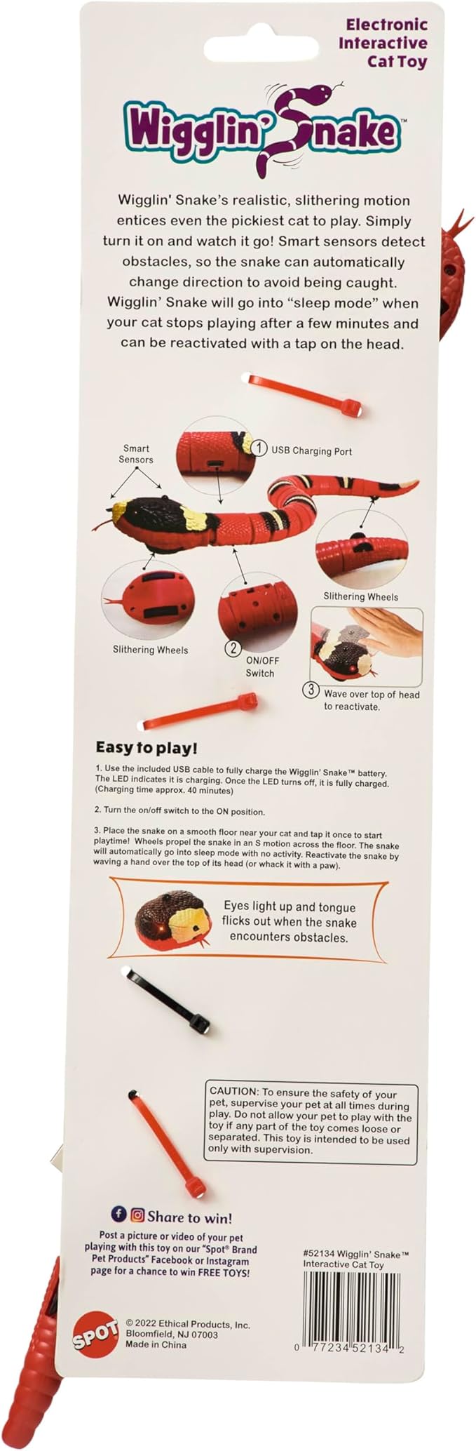 SPOT Wigglin' Snake - Electronic Interactive Cat Toy, Touch Activated Snake Slithers and Slides to Entertain Cats and Kittens, Smart Sensors Detect & Avoid Objects, USB Rechargeable - 15 inch