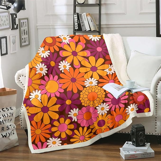 Erosebridal Groovy Floral Sherpa Blanket for Girls - Retro Flower Daisy Throw Blanket for Chair & Party Decorations - Baby Size - 70s Theme