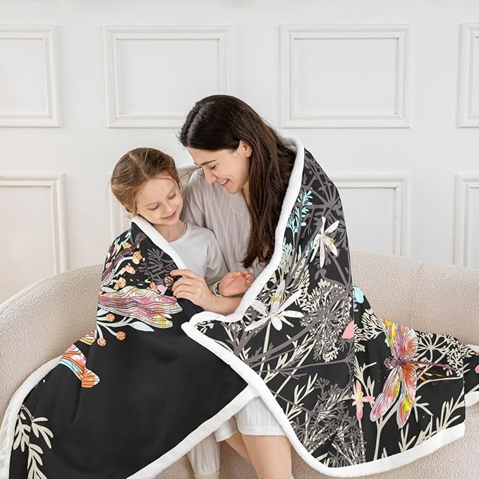 Feelyou Dragonfly Sherpa Blanket Queen 90x90 Inches Botanical Floral Fleece Throw Blanket for Kids Girls Teens Women Bedroom Decor Nature Animals Branches for Sofa Bed Couch Black