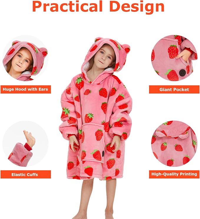 THREE POODLE Wearable Blanket Hoodie for Kids, Oversized Sherpa Sweatshirt Blanket with Giant Hood, Warm Cozy Hooded Blanket, Cute Gifts for Kids Girls Boys