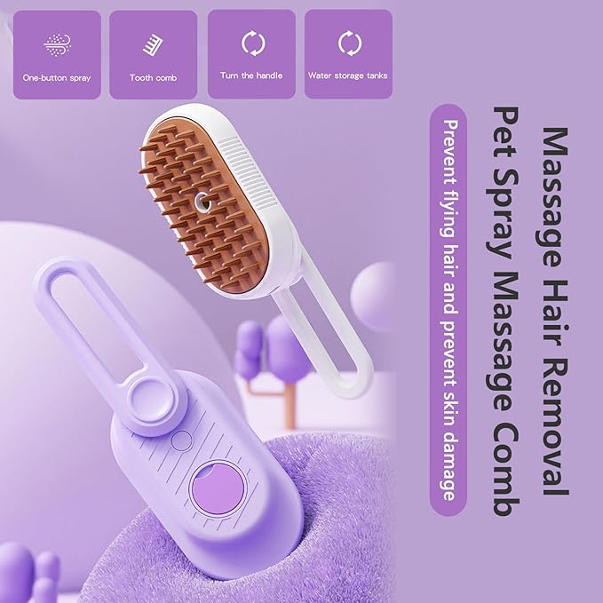 2 Pcs Cat Steam Brush,3 In 1 Spray Pet Grooming Brush,Water Brush for Cats Dogs,Upgraded Steamy Silicone Massage Grooming Brush,Pet Spray Hair Removal Comb,Anti-Static Steam Dog Brush(Purple & White)