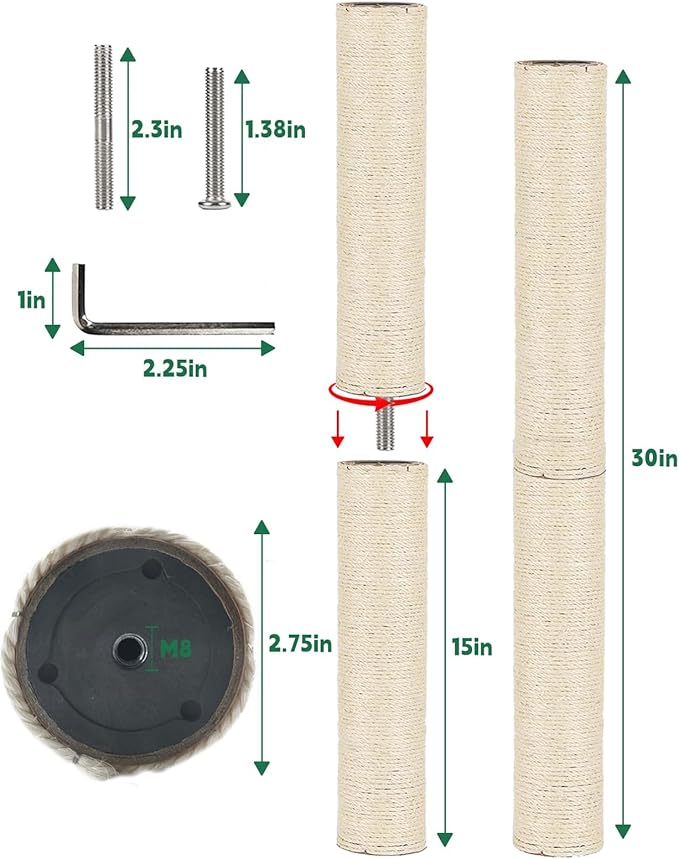 BNOSDM 2 Pcs 15”x2.75” M8 Cat Tree Scratching Post Replacement Parts for Indoor Cats Tower Rope Scratch Poles Refill Sisal Part for Refurbishment Hemp White