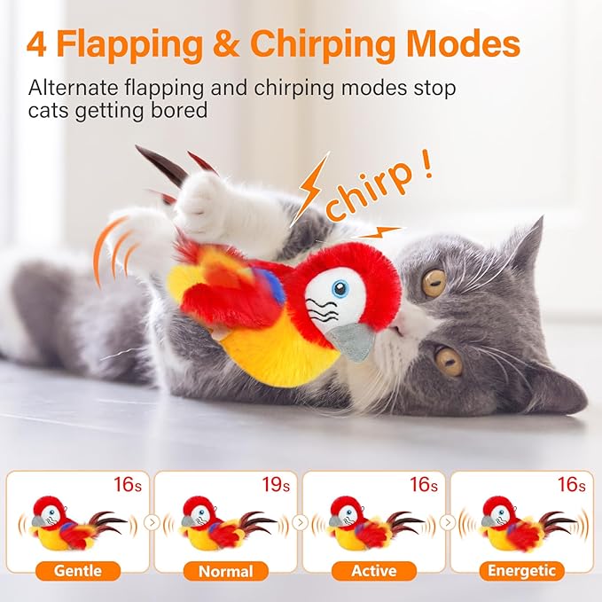 Cat Toys for Indoor Cats, Flapping Bird Cat Toy, Electric Simulated Chirping Bird Interactive Cat Toy with Flappy Wings, Rechargeable Touch Activated Cat Toys with Catnip and Feather - Red