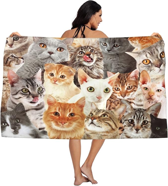 SARA NELL Cute Cat Microfiber Beach Towel Cat Breed Bath Towel for Cat Lover, Sand Free, Oversized, Super Absorbent, Quick Dry Towel for Travel Swimming, Sports, Beach, Gym,(31" x 51")