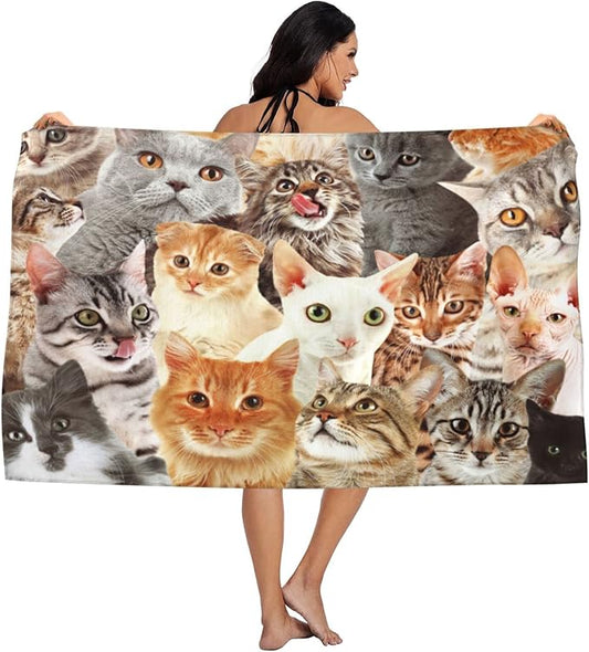 SARA NELL Cute Cat Microfiber Beach Towel Cat Breed Bath Towel for Cat Lover, Sand Free, Oversized, Super Absorbent, Quick Dry Towel for Travel Swimming, Sports, Beach, Gym,(31" x 51")