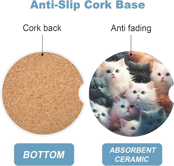 2 Pack Car Cup Holder Coasters, 2.63 inch Anti Slip Insert Absorbent Ceramic Coasters with Cork Base and Finger Notch, Cute Car Accessories Interior for Women