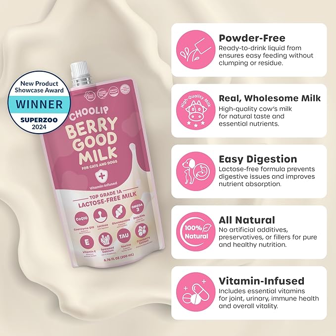 Berry Good Pet Milk. 10pk Vitamin-Infused Cat Milk, Dog, Kitten, Puppy Milk. Dog Bladder Support, Cat Kidney Support, Cat Urinary Supplement Cranberry, Omega 3, CoQ10, Glucosamine, Taurine