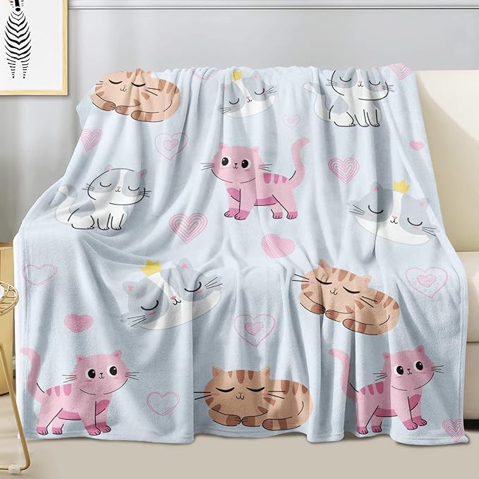 Cat Themed Blanket for Girls, Kitten Throw Flannel Soft Warm Plush Cute Cats Blanket for Kids Women Cat Lovers, All Season Bed Couch Living Room Decor 50"x60"