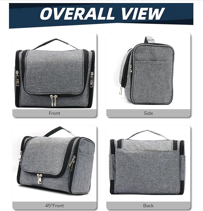 Buruis Large Capacity Toiletry Bag for Women and Men, Hanging Toiletry Organizer Cosmetics Makeup Bag, Water-resistant Dopp Kit Shaving Bags for Full Sized Toiletries, Travel Essentials (Oxford Gray)
