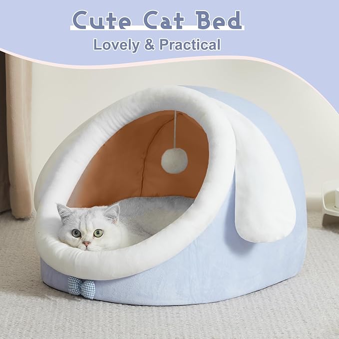 Jiupety Cute Cat Bed, Indoor Lovely Crystal Velvet Igloo for Cat and Small Dog, Warm Cat Bed Cave for Puppy and Kitten, Big Ear, L.