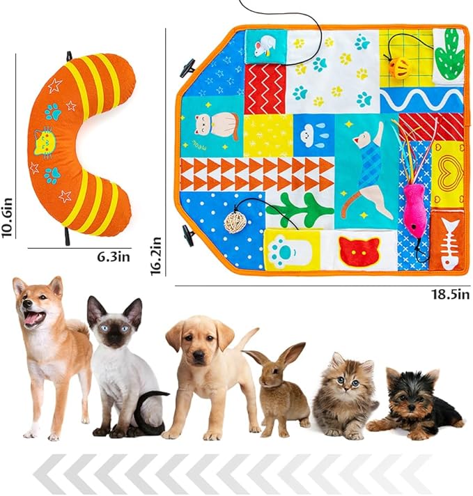 2-in-1 Cat Mat with Cat Pillow for Small Medium Large Cats,Cute Cat Catnip Toys,Soft Plush Crinkle Mat for Kitten Sleeping Snuffing Playing,Machine Washable Cat Play Mat Pet Cushion Pad Mat Cat Gifts