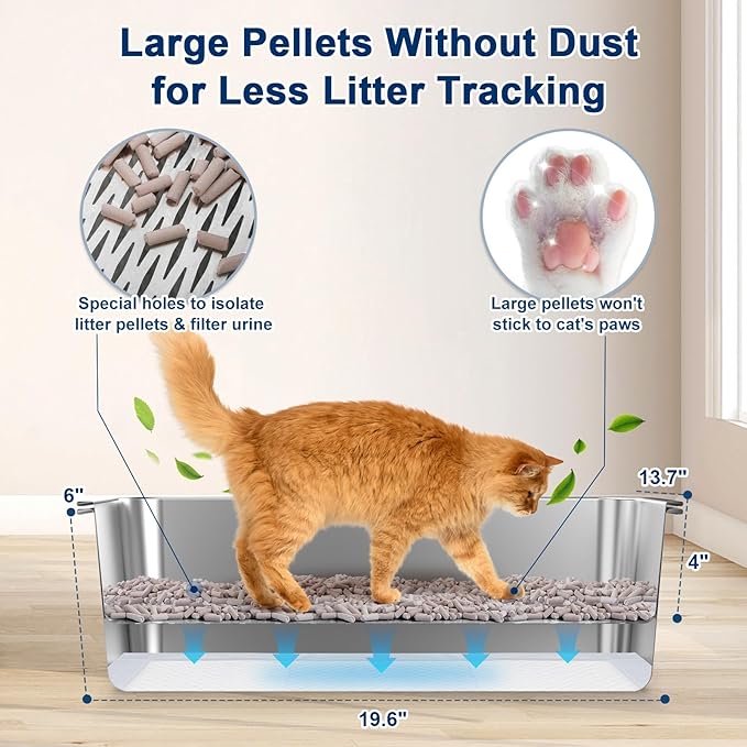 19.7''x13.8''x6'' Stainless Steel Litter Box for Kittens, Sifting Litter Box for Pine Pellets, Metal Cat Litter Box Sifting Pan with Litter Scoop & Footboard, Low Dust, Odor Control & Easy Cleaning