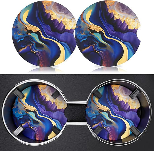 2 Pack Car Cup Holder Coasters, 2.63 inch Anti Slip Insert Absorbent Ceramic Coasters with Cork Base and Finger Notch, Cute Car Accessories Interior for Women