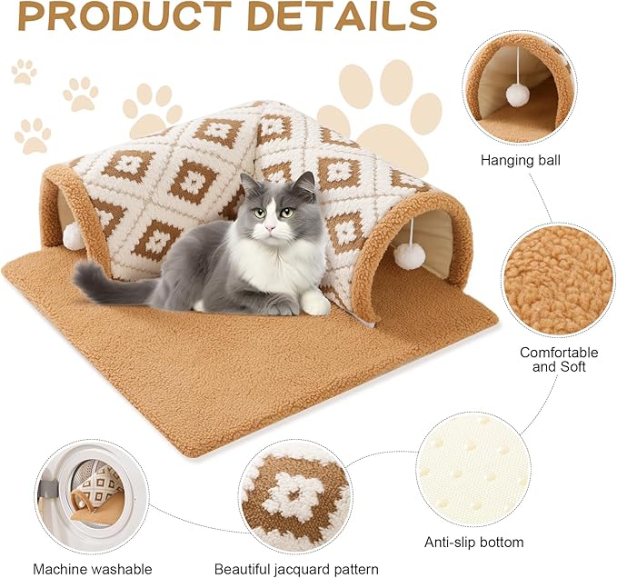 Cat Tunnel Bed for Indoor Cats, Large Size 26.5”x26.5”Soft Pet Tunnel Bed Playing Mat for Cats, Washable,Brown,Berber Fleece,Jacquard Pattern