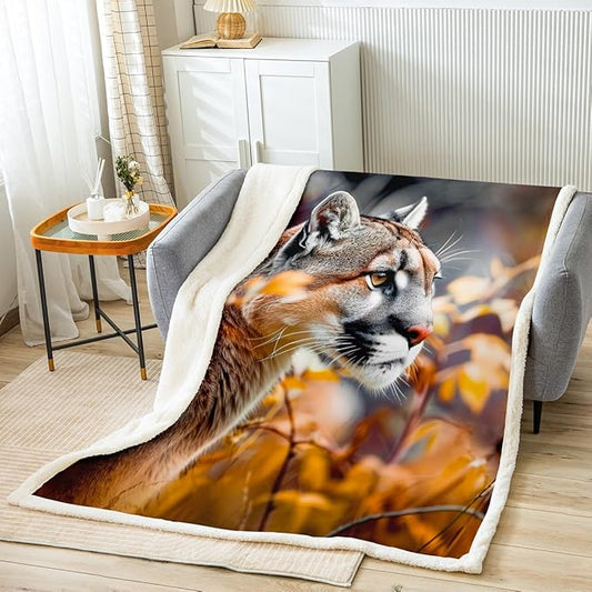 Lion Safari Animal Duvet Cover - 3D American Wild Cat Throw Blanket for Boys & Girls - Cougar Fleece Sherpa Blanket - 50"x60" Autumn Room Decor