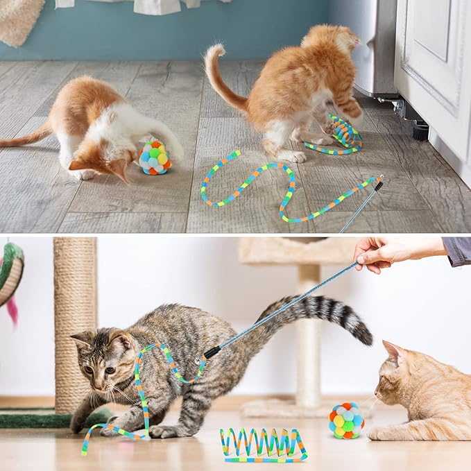 TUSATIY Cat Toys 3Pack, Cat Wand Toy Cat Fuzzy Balls with Bells &Cat Springs, Rainbow Color Interactive Cat Toys for Indoor Cats Kittens (Rainbow-Green)