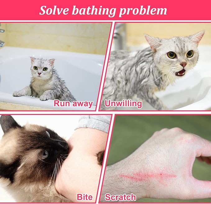 Cat Bathing Bag, Breathable Mesh Cat Shower Bag Anti Scratch Adjustable Cat Grooming Bag for Nail Trimming, Bathing Polyester Soft Cat Washing Bag (White-Pink)
