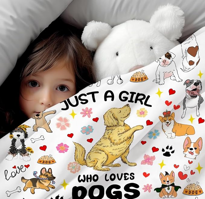 Dog Mom Blanket Just A Girl Who Loves Dog Throw Blanket Gifts for Cat Lovers Soft Flannel Animals Pet Pattern Gift for Kids Adults 50"X40"