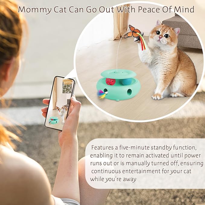 Interactive Cat Toy Automatic Cat Toys for Indoor Cats, 3-in-1 Electric Cat Toy USB Rechargeable, Ambush Feather, Fluttering Butterfly, Track Balls Kitten Toy Cat Exercise Toys (Tiffany Blue)
