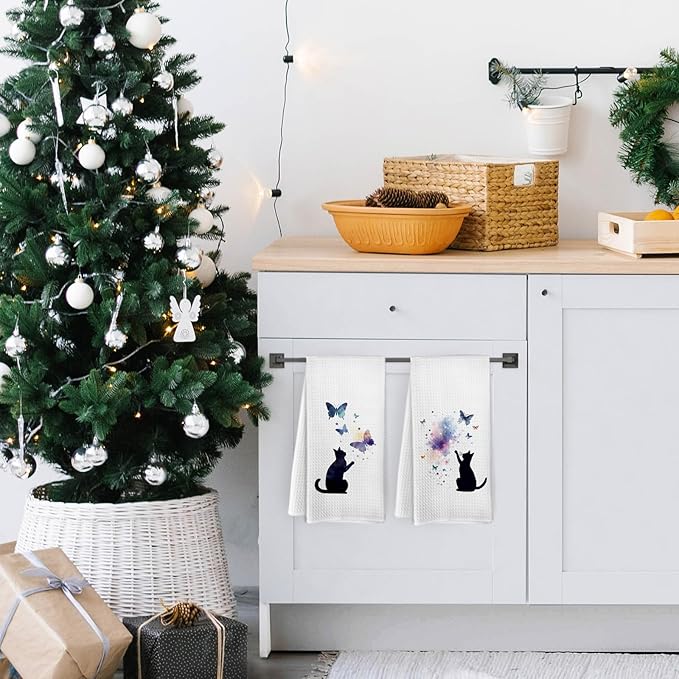 Black Cat Butterfly Kitchen Towels and Dishcloths Set of 2, Funny Cat Themed Dish Towels, Preppy Decorative Hand Tea Towels for Bathroom Kitchen, Gifts for Cat Lovers and Women, 16×24 Inches