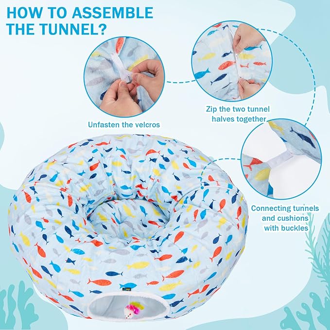 Ownpets Large Cat Tunnel Bed for Indoor Cats, Soft Plush Cat Donut Tunnel with Washable Cushion, Cute Peekaboo Cat Cave for Cat, Puppy, Rabbit, Blue