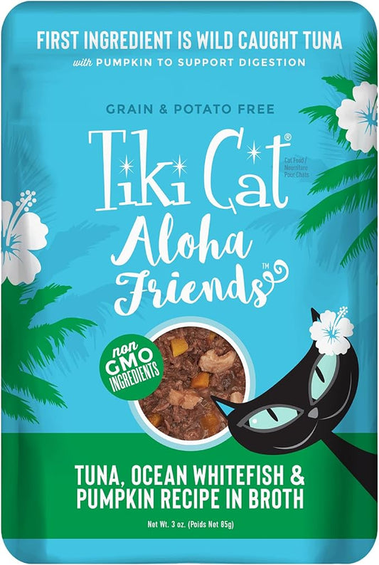 Tiki Cat Aloha Friends, Tuna, Ocean Whitefish & Pumpkin, Grain-Free & High Moisture, Wet Cat Food for All Life Stages 3 oz. Pouch (Pack of 12)