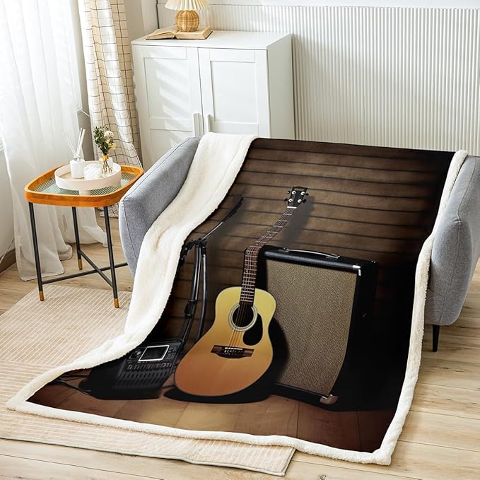 Guitar Fleece Throw Blanket Music Themed Guitar Plush Blanket for Sofa Couch Bed Guitar Instruments Print Sherpa Blanket Musical Pattern Microphone Fuzzy Blanket Room Decor Twin 60x80 Inch