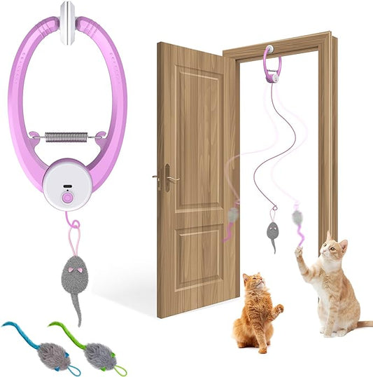 Cat Toy Interactive for Indoor Cats, Smart USB Rechargeable Door Hanging Automatic Retractable Kitten Toys, Teaser Electronic Self Play Feather Cat String Toys Attached with 3 Catnip Mice Pink