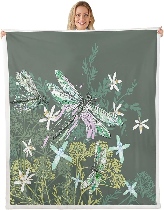 Feelyou Dragonfly Sherpa Blanket Queen 90x90 Inches Botanical Floral Fleece Throw Blanket for Kids Girls Teens Women Bedroom Decor Nature Animals Branches for Sofa Bed Couch Vintage Green