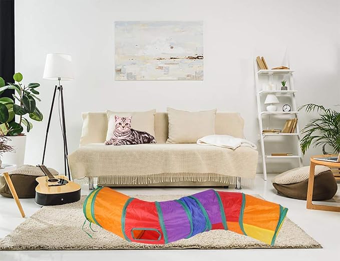 iCAGY Cat Tunnel for Indoor Cats Interactive, Rabbit Tunnel Toys, Pet Toys Play Tunnels for Cats Kittens Rabbits Puppies Crinkle Pop Up Rainbow 47" Shape S