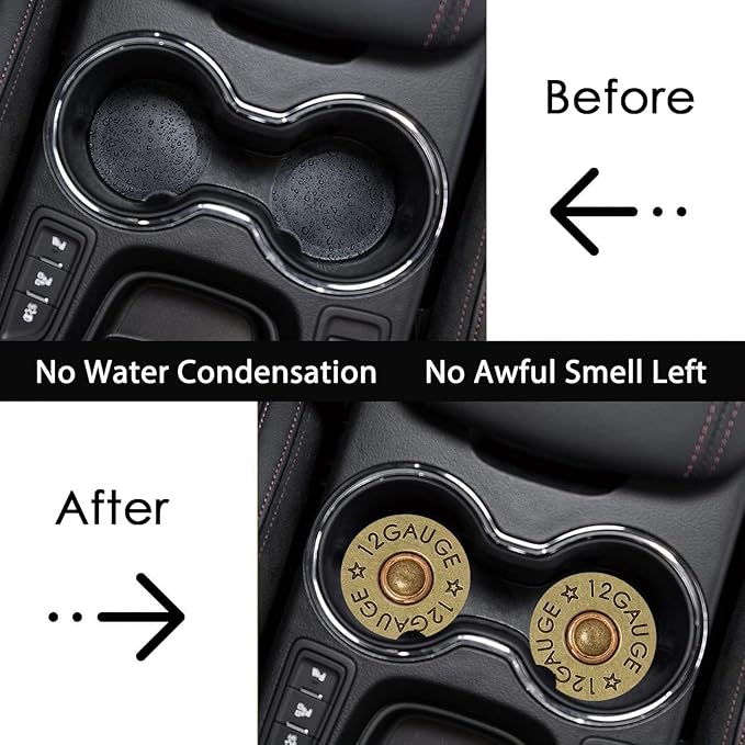 Car Coasters for Cup Holders,2 Pack Cool 12 Gauge Bullet Shaped Brass Rubber Car Cup Holder Coasters,2.75" Universal Size Anti Slip Rubber Mat,Automotive Cup Holder Decal Decor for Men,Dad