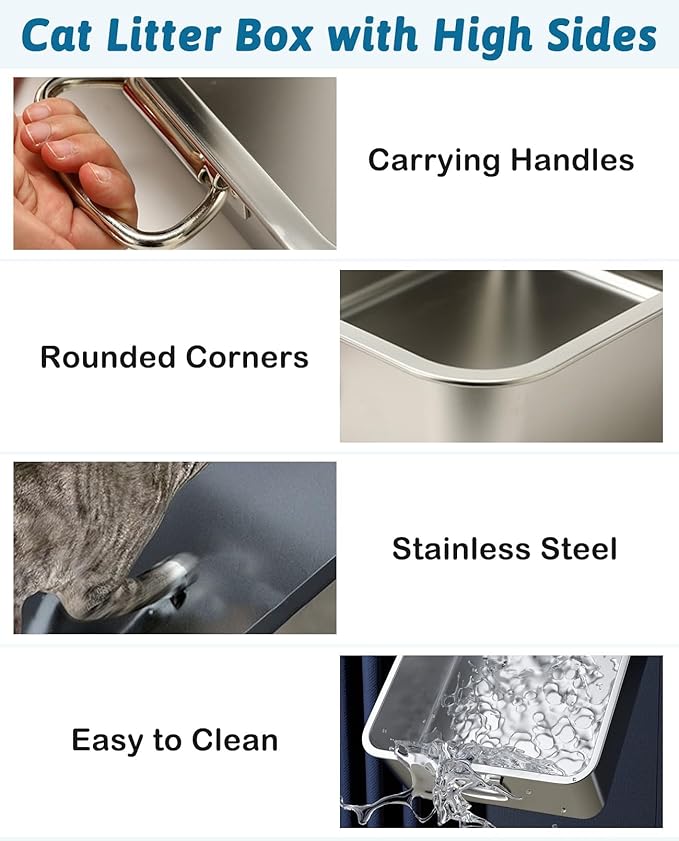BNOSDM Large Cat Litter Box Stainless Steel 19.7"x13.8"x6" Metal Cat Litter Pan with Handles, High Sides Cats Toilet with Litter Sifting Scoop for Cats Rabbits