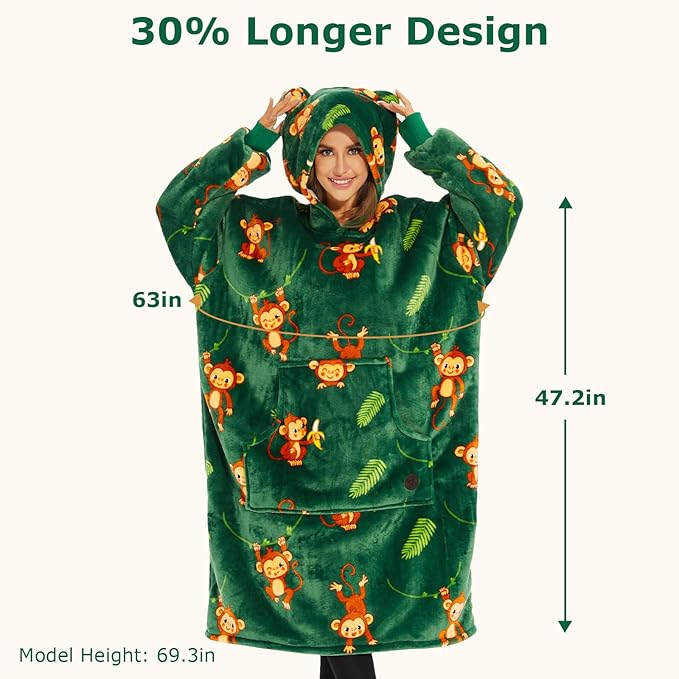 THREE POODLE Wearable Blanket Hoodie, Oversized Sherpa Sweatshirt Blanket for Adults Women Men, Warm Cozy Monkey Hooded Blanket, Gifts for Mom Girlfriend