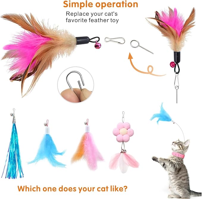 Cat Feather Collar Toys 2 Pcs Interactive Cat Toys for Indoor Cats Teasing Wand Collar Funny Cat Toy with Bell and Replaceable 4 Feathers Refills Multiple Ways for Cats to Play(Blue+Pink)