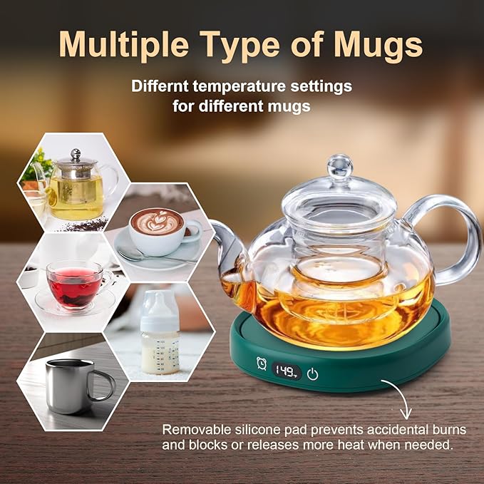 Bsigo Cute Cat Mug Set & Electric Smart Mug Warmer for Home & Office, Beverage Tea & Coffee Cup Warmer with 3-Temp Settings, 8H Auto Shut Off, Green