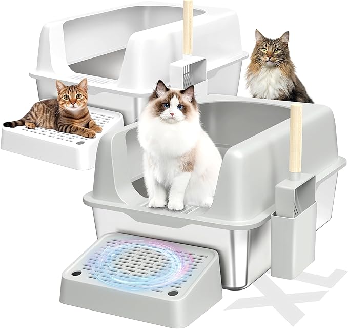 2 Pack Stainless Steel Cat Litter Box, Enclosed Metal Litter Box with Lid, XL Extra Large Cat Litter Box for Big Cats, Non-Sticky High Side Kitty Litter Box (White&LightGrey)
