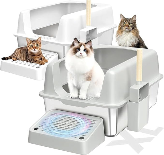 2 Pack Stainless Steel Cat Litter Box, Enclosed Metal Litter Box with Lid, XL Extra Large Cat Litter Box for Big Cats, Non-Sticky High Side Kitty Litter Box (White&LightGrey)