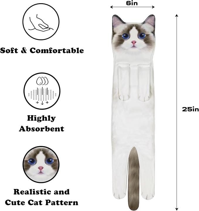 Cat Hand Towels for Kitchen and Bathroom - Cute Decor Gadgets - Hanging Soft Absorbent Face Towel - Funny Birthday, Mother's Day, Housewarming Holiday Unique Gifts for Women, Mom, Lady, Cat Lovers