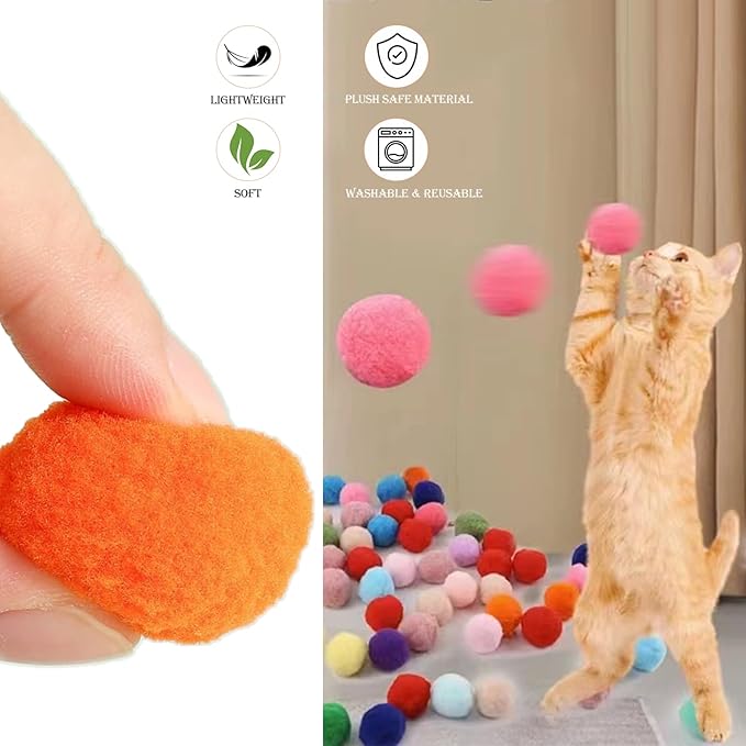 Cat Toy Ball Launcher, 100PCS 1.18 inch Plush Pompom Balls and 1 Cat Ball Toy Launcher, Interactive Kitten Toys for Indoor Cats, Colorful Soft Cat Balls, Great for Training, Play and Hunting