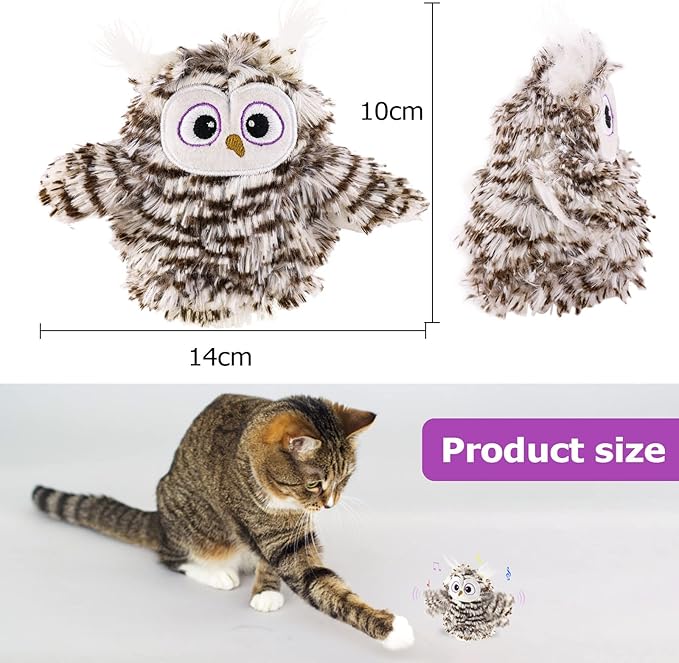 Interactive Flapping Wings Owl Cat Toys,Bird Sound Catnip Toys for Cats,Rechargeable 3 Vibration Modes Indoor cat Toy,for Prevent Boredom